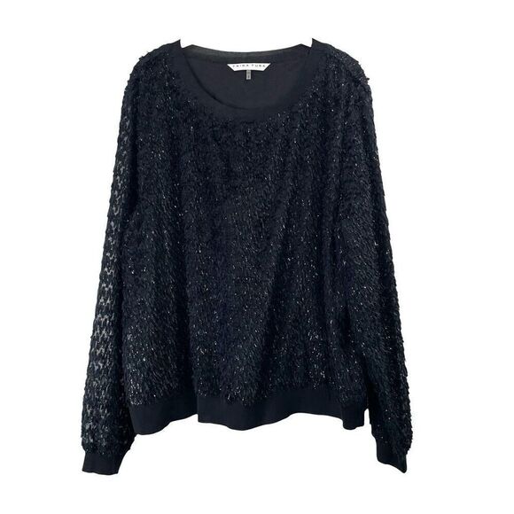 Trina Turk Metallic Shag fuzzy Sweatshirt top Size XXL black shiny sparkle - Picture 3 of 9